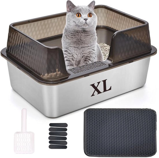 Ciotola per gatto in acciaio inox con coperchio, tappeto e cucchiaio per gatto, alta parete, XL, facile da pulire, grande ciotola per gatto (XL, nero)