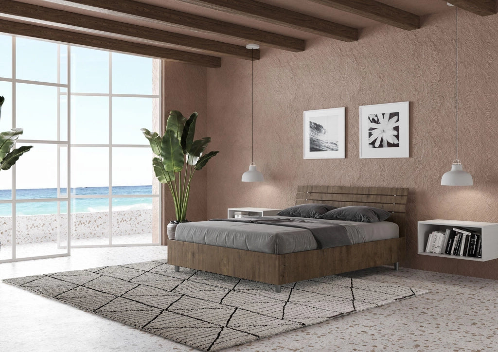 Letto Matrimoniale Francese 140x200 cm con Rete e Contenitore Testata Doghe Inclinata Ankel Noce