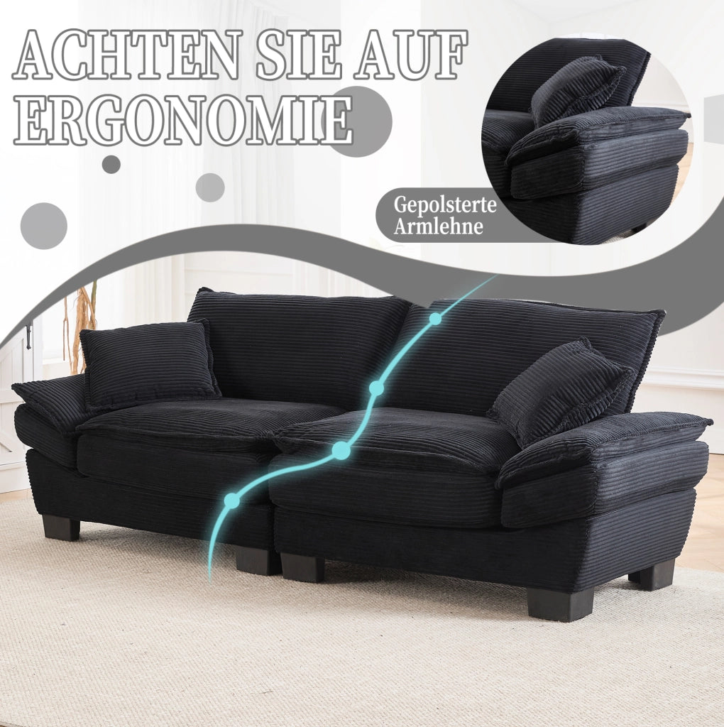 DIVANO a 2 posti 224x81x81 cm Velluto Nero con 2 cuscini