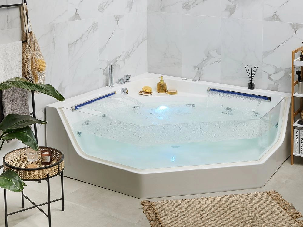 Vasca Idromassaggio Angolare Bianca con LED e getti massaggianti Design Moderno per 2 Persone