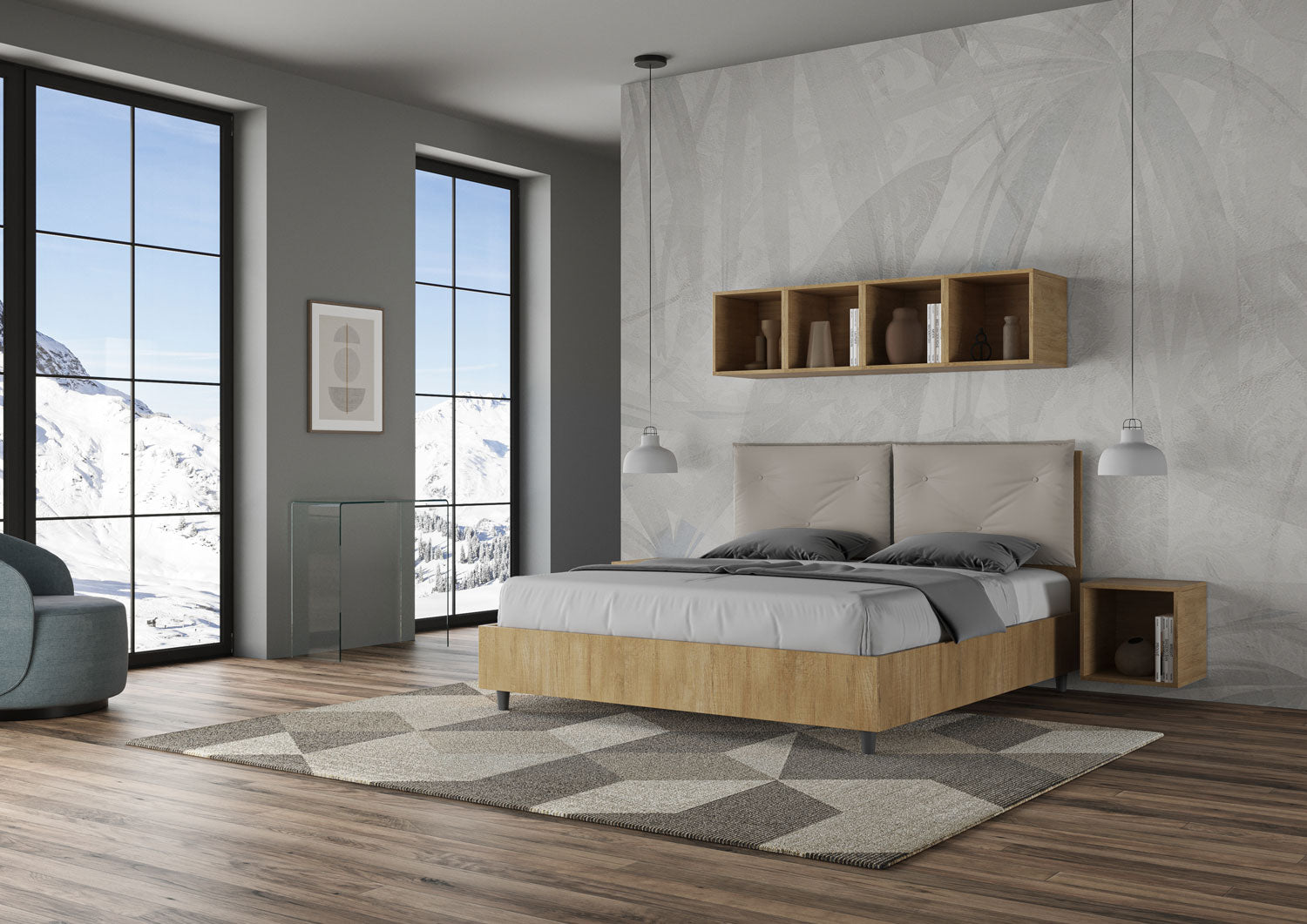 Letto Matrimoniale 160x190 cm con Rete e Contenitore Alzata Comoda Struttura Quercia con Cuscini in Similpelle Egos