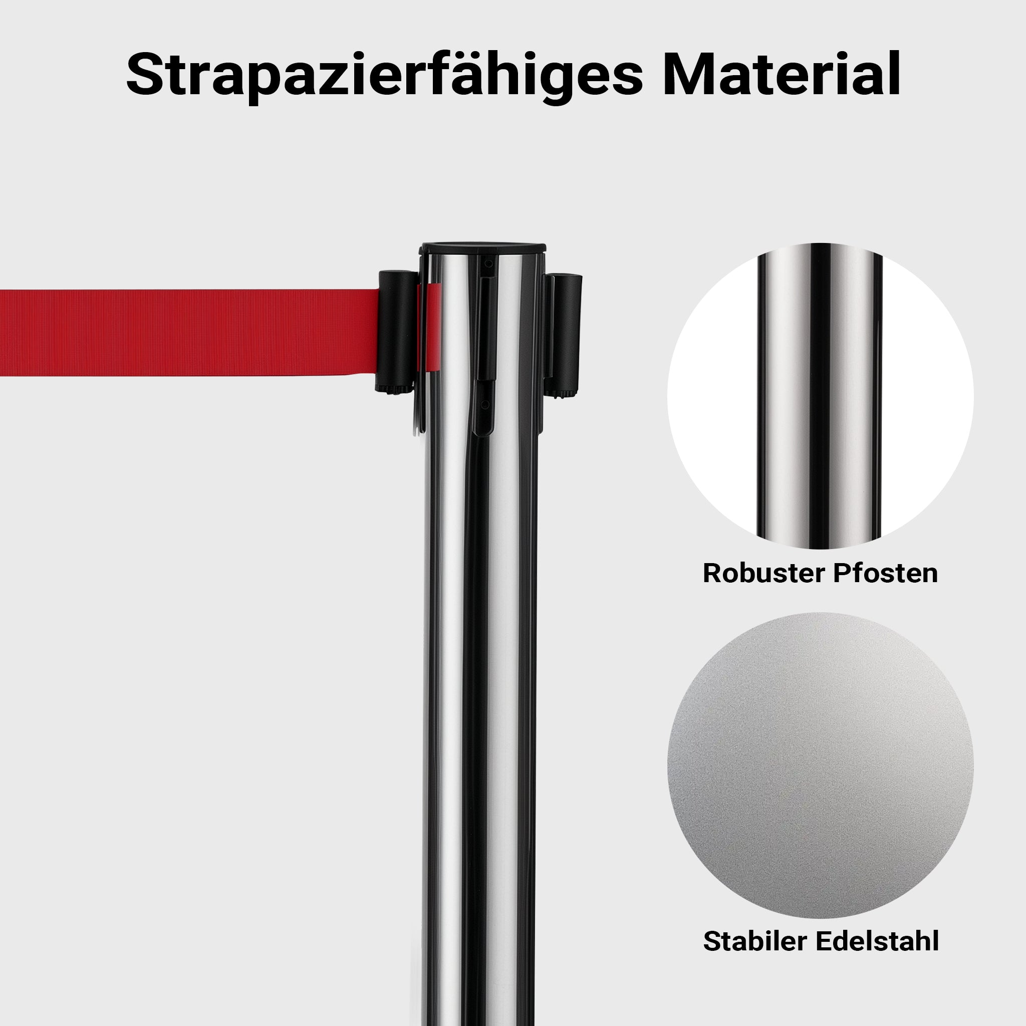 Colonnine tendinastro 320 x 70 x 900 mm, Set 2 paletti delimitatori in acciaio inox con nastro rosso