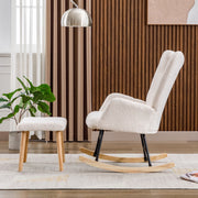 Poltrona a dondolo con poggiatesta e poggiapiedi design elegante per relax quotidiano in tessuto bouclé bianco