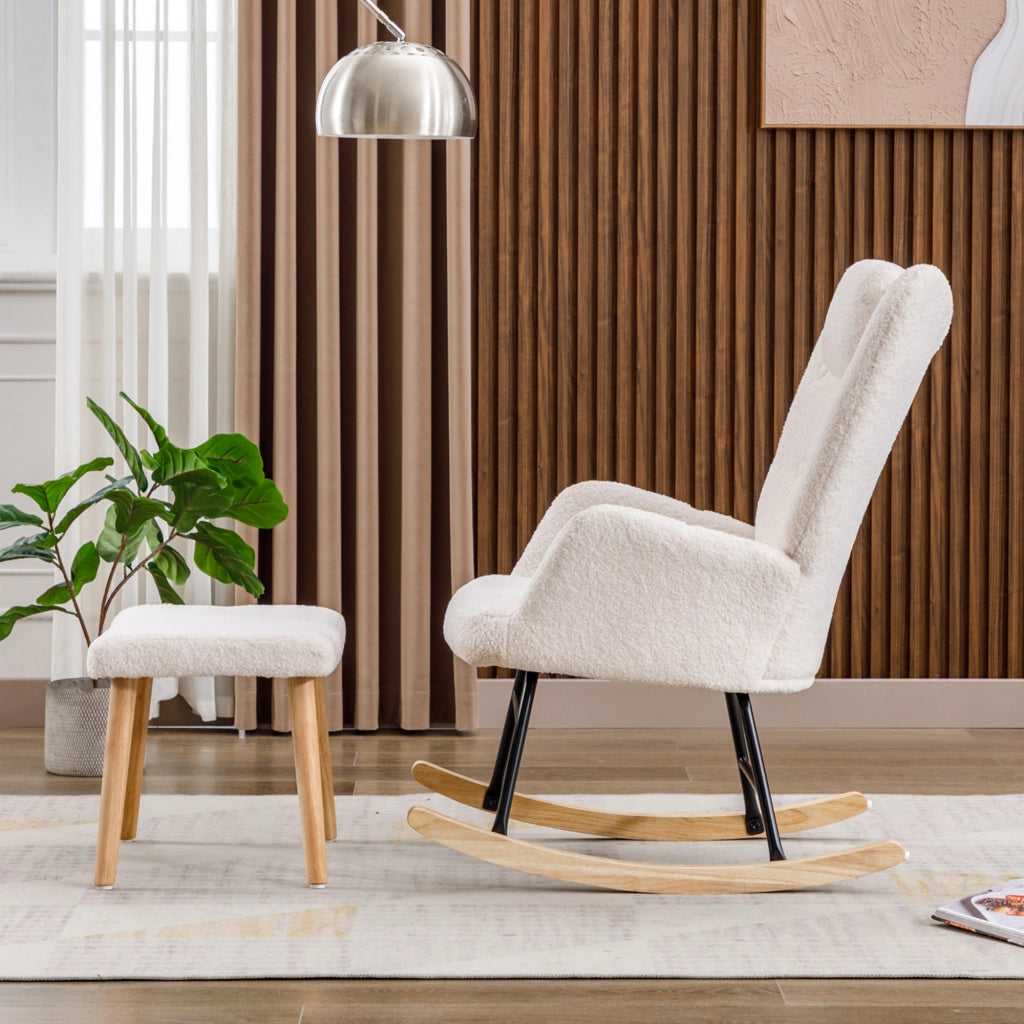 Poltrona a dondolo con poggiatesta e poggiapiedi design elegante per relax quotidiano in tessuto bouclé bianco