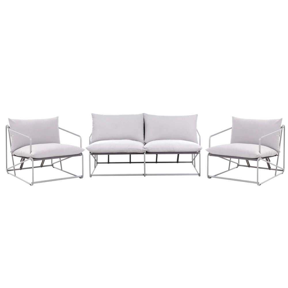 Set composto da divano basso oversize e 2 sedie in metallo con cuscini per schienale e seduta da interno ed esterno grigio stile moderno e rustico