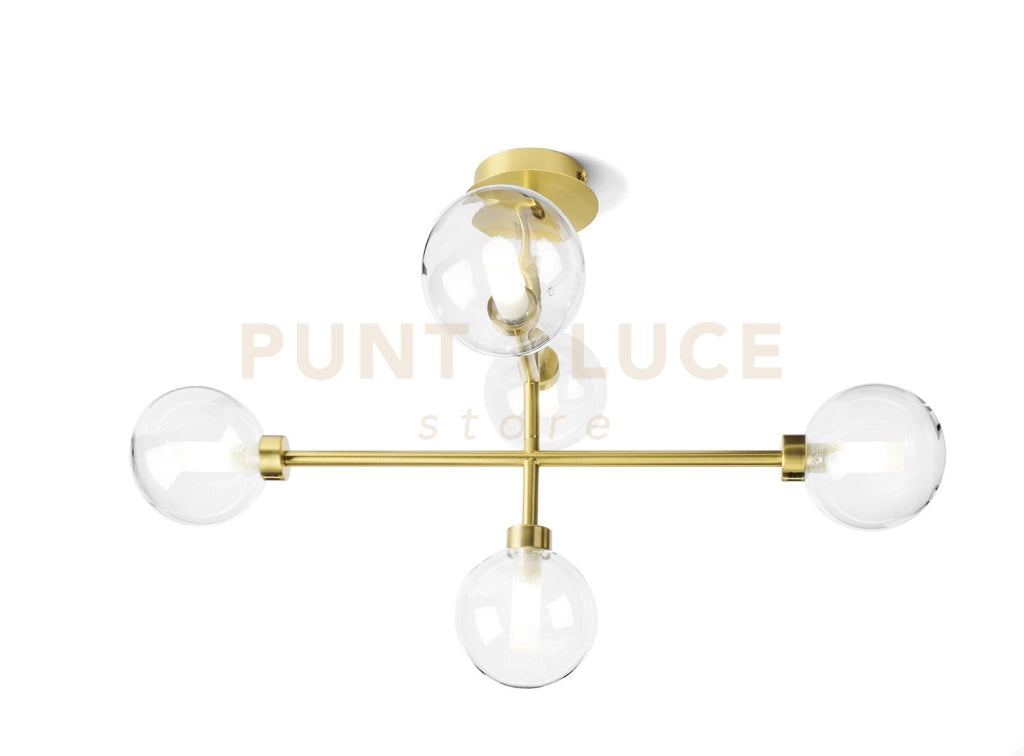 DOM LAMPADA DA SOFFITTO O PARETE 5 LUCI VETRO TRASPARENTE CICLINDRO SATINATO MONTATURA ORO ATTACCO G9