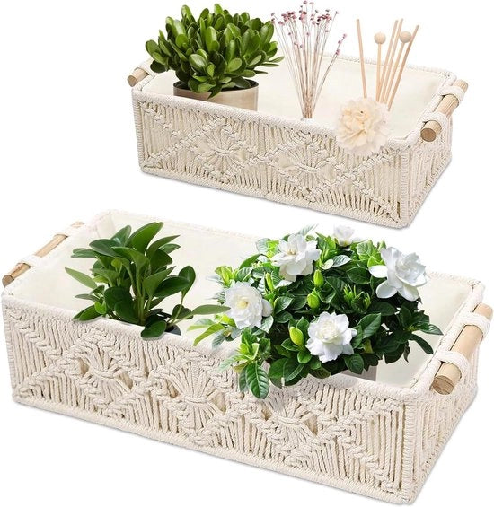 Set di 2 Cestini di Macramé - Decorazione Decorativa di Lino - Maniglie di Cesto Regalo Cestino per Pane Cestino per Snack