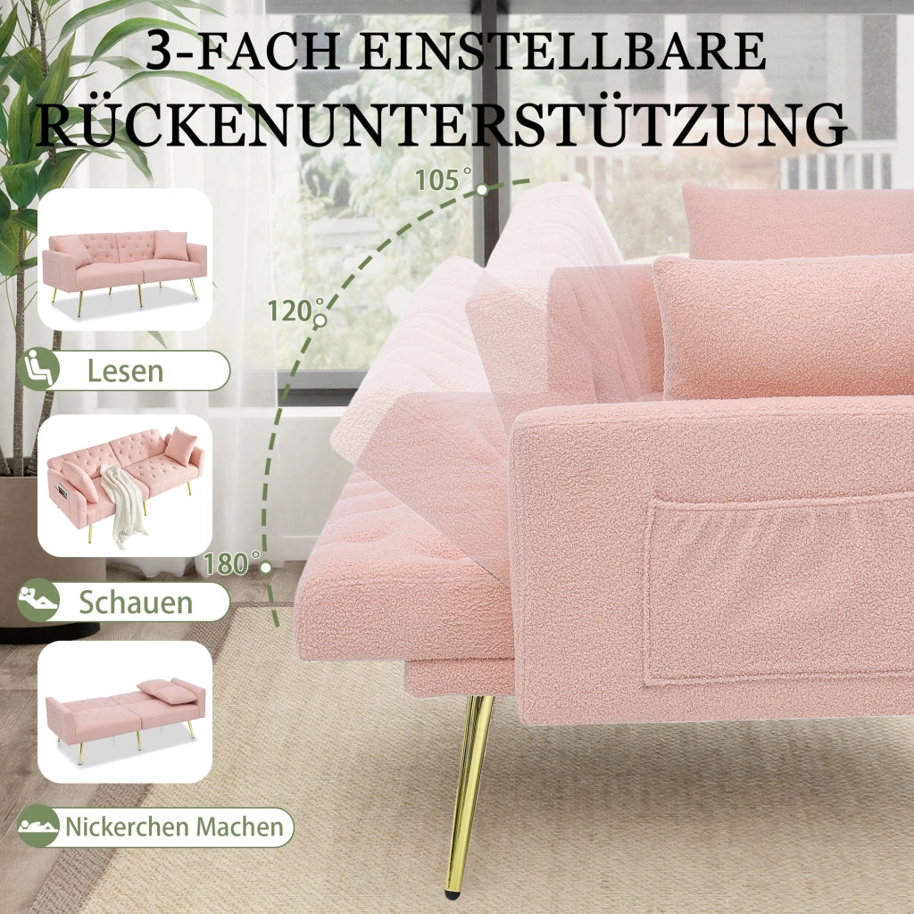 Scaffale con schienale regolabile a 3 livelli, 2 cuscini, gambe in metallo, in teddy, rosa