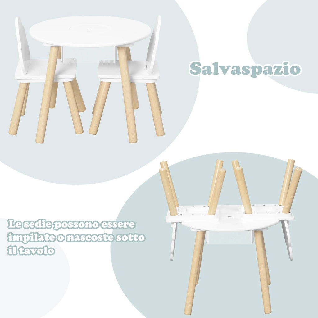 Set di Tavolo e Sedie per Bambini, Rotondo in Legno Con 2 Sedie, Tavolino a 3 Pezzi per Asilo Nido, Bianco