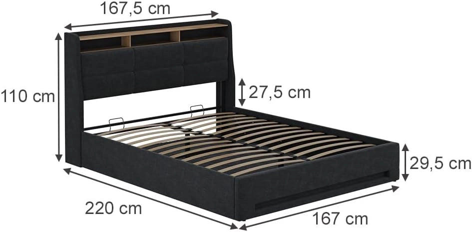 Letto imbottito Christin, Antracite/quercia, 160x200 con LED, connessione USB, materasso