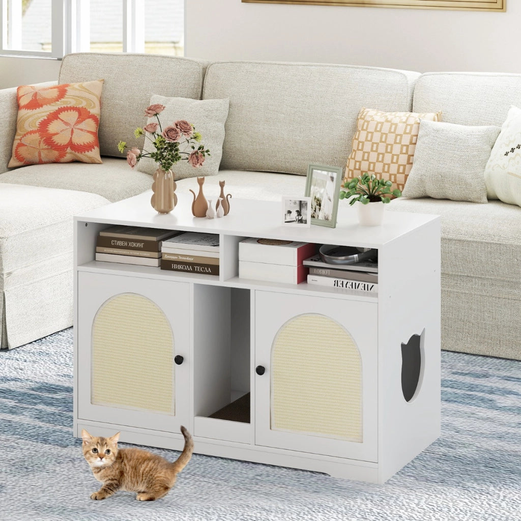 Armadietto moderno per gatti con ripostiglio doppie stanze in legno da interno, Armadietto moderno 2 tappetini in sisal Bianco-Lettini e divanetti
