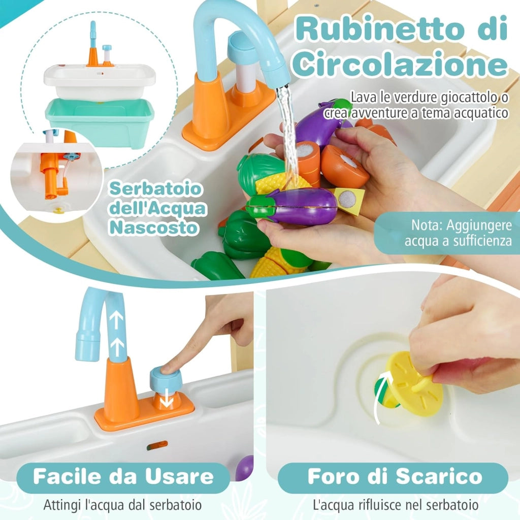 Cucina Giocattolo per Bambini, Cucinatta in Legno con Griglia, Manopola con Suoni, Cibo Giocattoloe e Lavello, Cucina di Fango Interattiva con Accessori da Giardinaggio, per Bambini 3-8 Anni