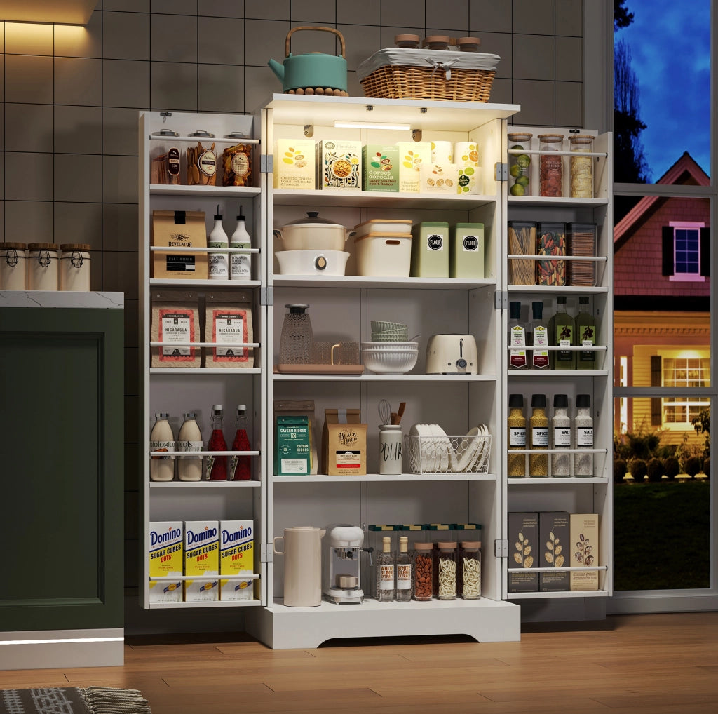 Credenza da cucina bianca salvaspazio con luce LED e ripiani