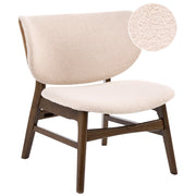 Poltrona in tessuto bouclé di poliestere marrone e beige chiaro, con gambe in legno di gomma, stile retrò tradizionale