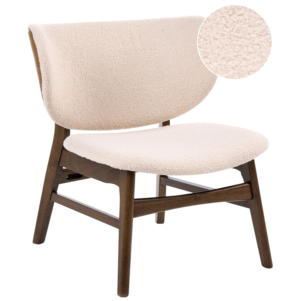 Poltrona in tessuto bouclé di poliestere marrone e beige chiaro, con gambe in legno di gomma, stile retrò tradizionale