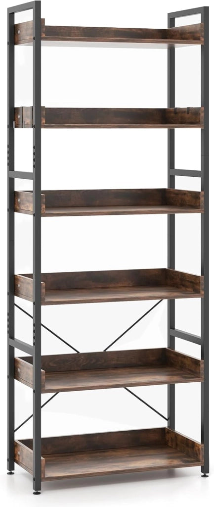 Scaffale a 6 Ripiani, Libreria Industriale Alta 177 cm con Ripiani Aperti e 4 Ganci, Scaffale Multifunzionale e Flessibile per Ufficio Soggiorno Camera da Letto e Cucina