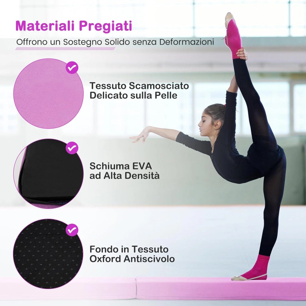Trave Ginnastica per Bambini per Casa 210 cm, Trave di Equilibrio Pieghevole e Portatile con Manici, Copertura in Suede Rimovibile e Fondo Antiscivolo