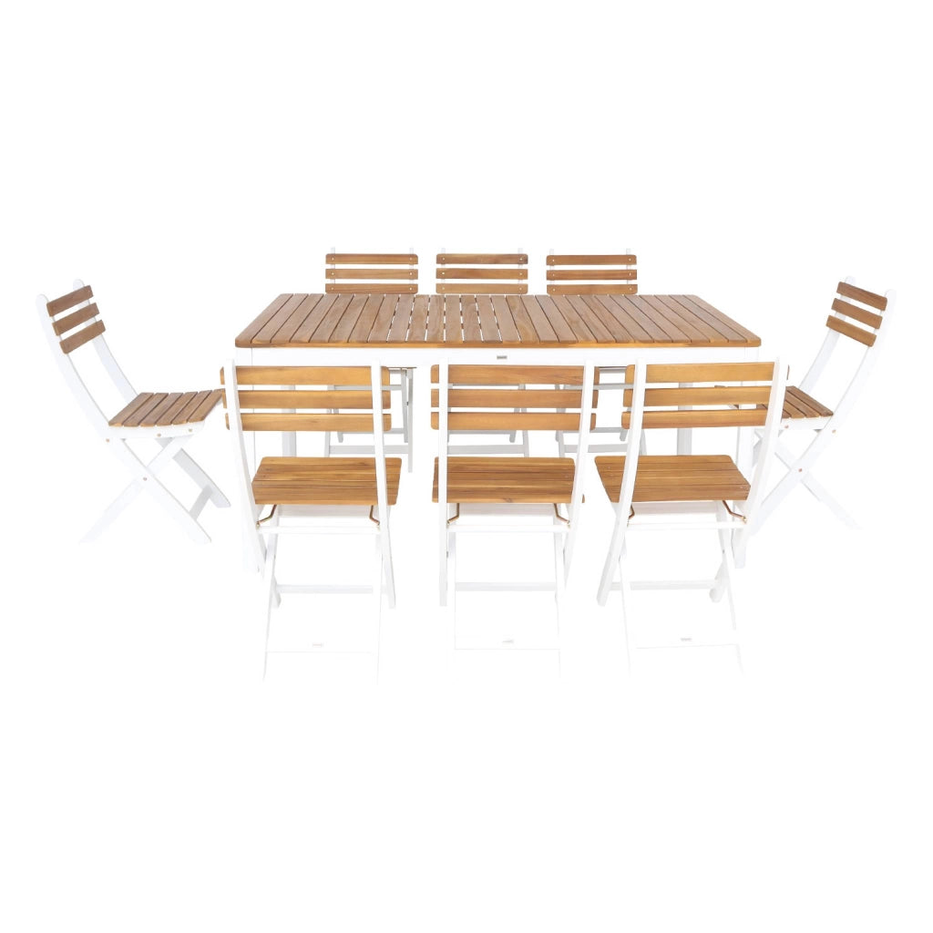 Set tavolo da giardino in acacia con angoli arrotondati con 8 sedie,