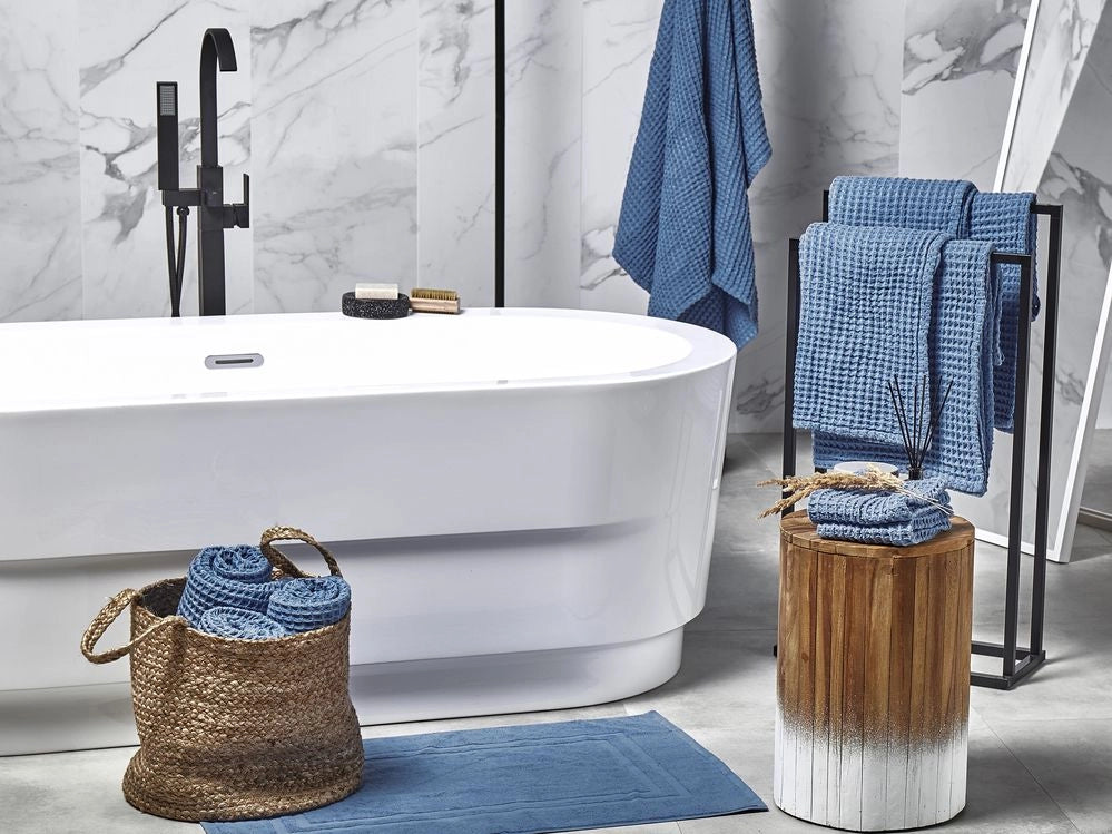 Set di 11 asciugamani Telo da bagno e tappetino da bagno per ospiti in cotone blu a bassa torsione