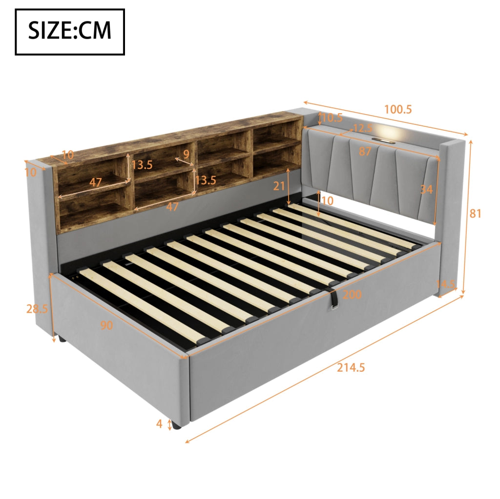 Letto singolo 90x200 cm con contenitore idraulico; USB-C e ripiani in velluto grigio