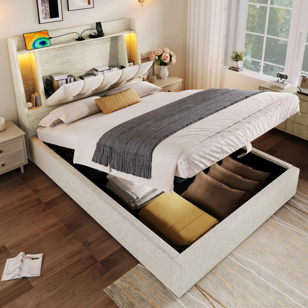 OKWISH Letto Singolo 90×200 cm con Contenitore, USB, Tipo C, LED Regolabile e Contenitori Testiera, senza Materasso, in Lino, Beige