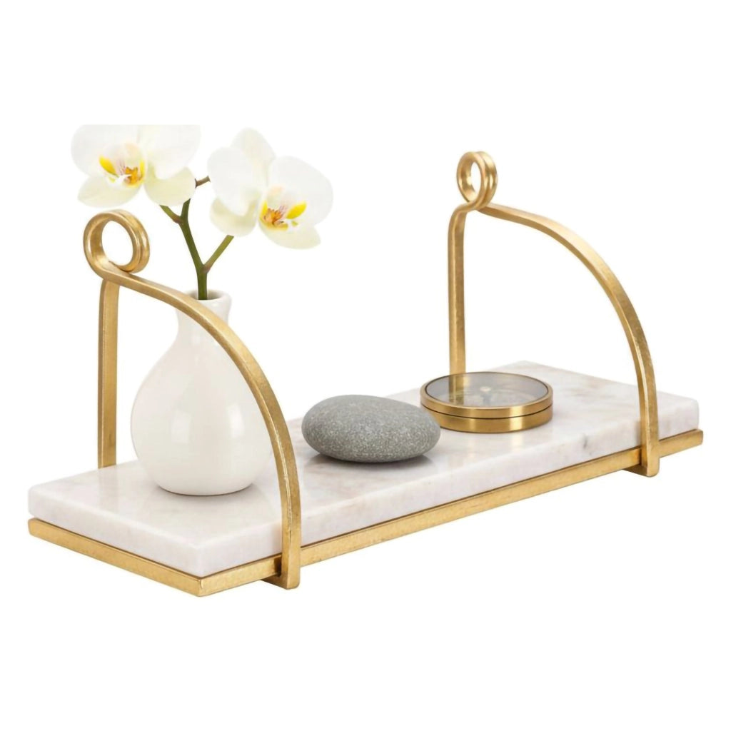 Mensola Paci, Scaffale, Ripiano a muro, Scaffalatura multiuso, 40x16 h18 cm, Bianco e Oro