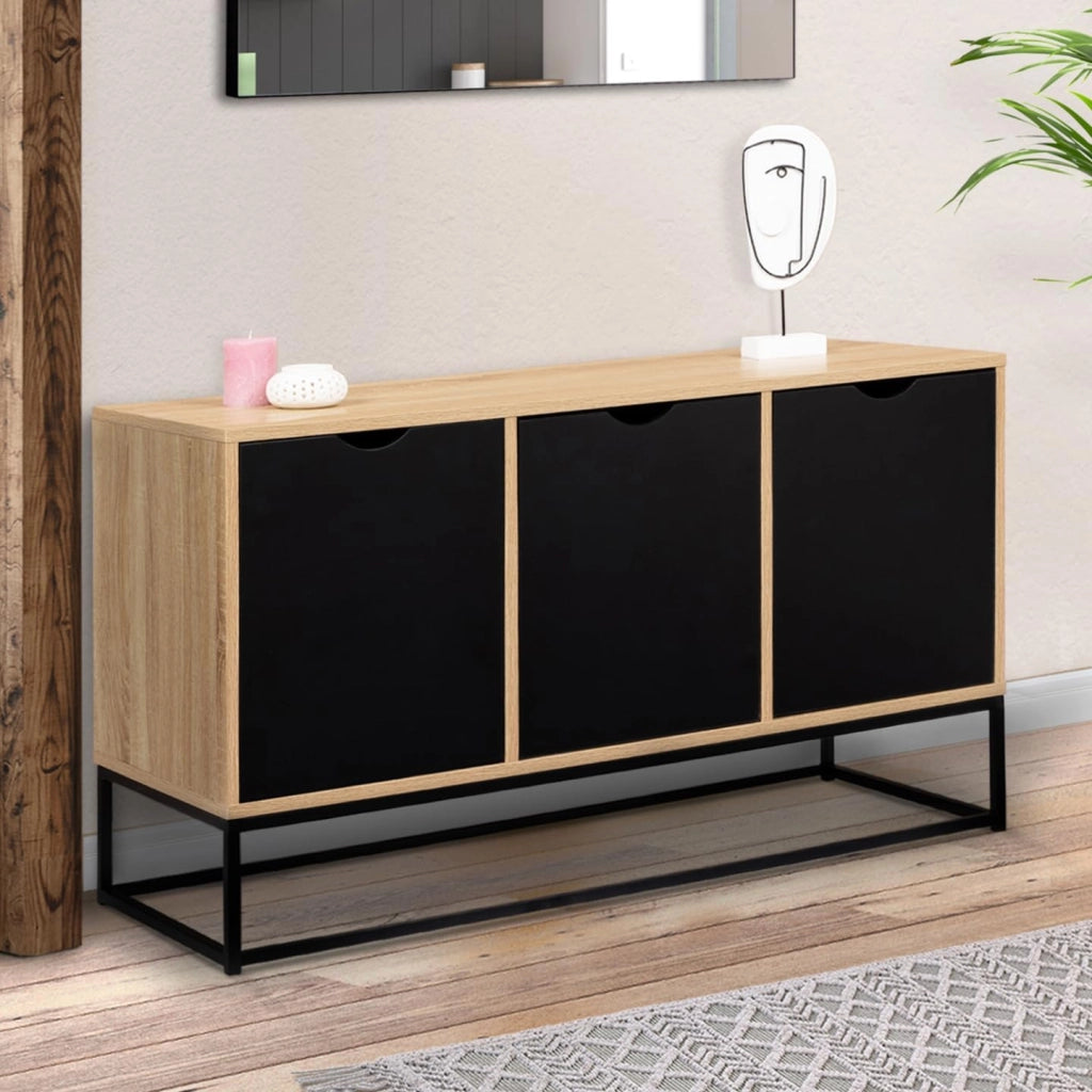 Credenza bassa a 3 ante, nera, design industriale BOSTON