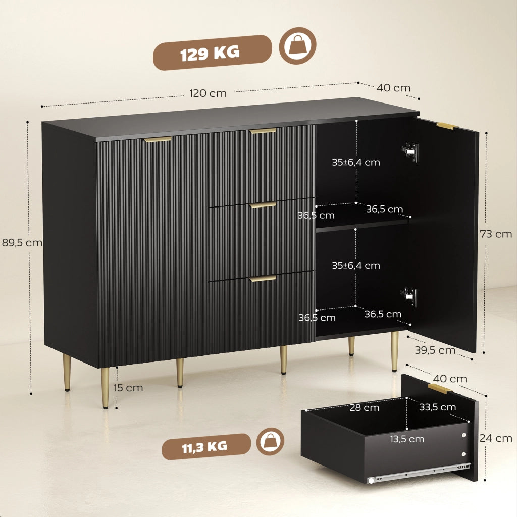 Mobile Buffet Cucina ¨C Xylo ¨C 3 Cassetti Ante Ripiani Regolabili 120x40x90cm Nero