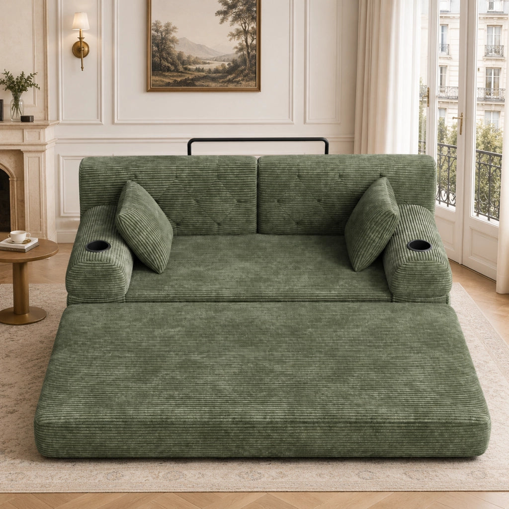 Divano letto a 3 posti in velluto a coste con schienale alto e 4 tasche laterali verde 208 × 80 × 81 cm