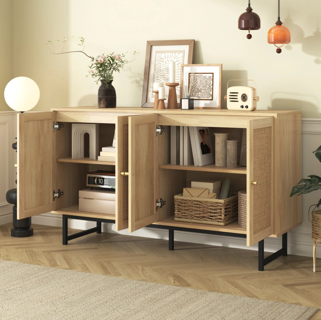 Credenza 140x39;5x80 cm con 4 ante in rattan naturale; colore legno