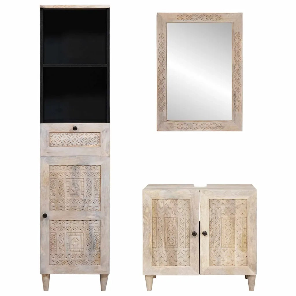 Set di mobili per il bagno 3 pcs Bianco legno massello di mango