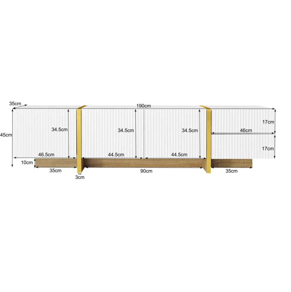 Combinazione mobile TV e sideboard ULEVR bianca con frontali scanalati, cassetti e vani chiusi, 190 cm