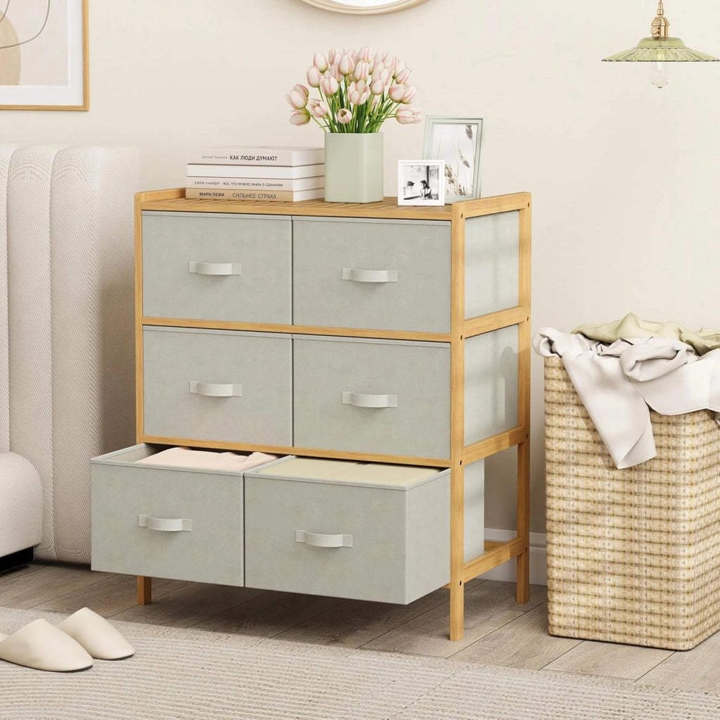 Cassettiera con 6 cassetti pieghevoli in tessuto, cassettiera in bambù a 3 livelli, mobile organizer con dispositivo antiribaltamento, armadio di stoccaggio per camera da letto, soggiorno