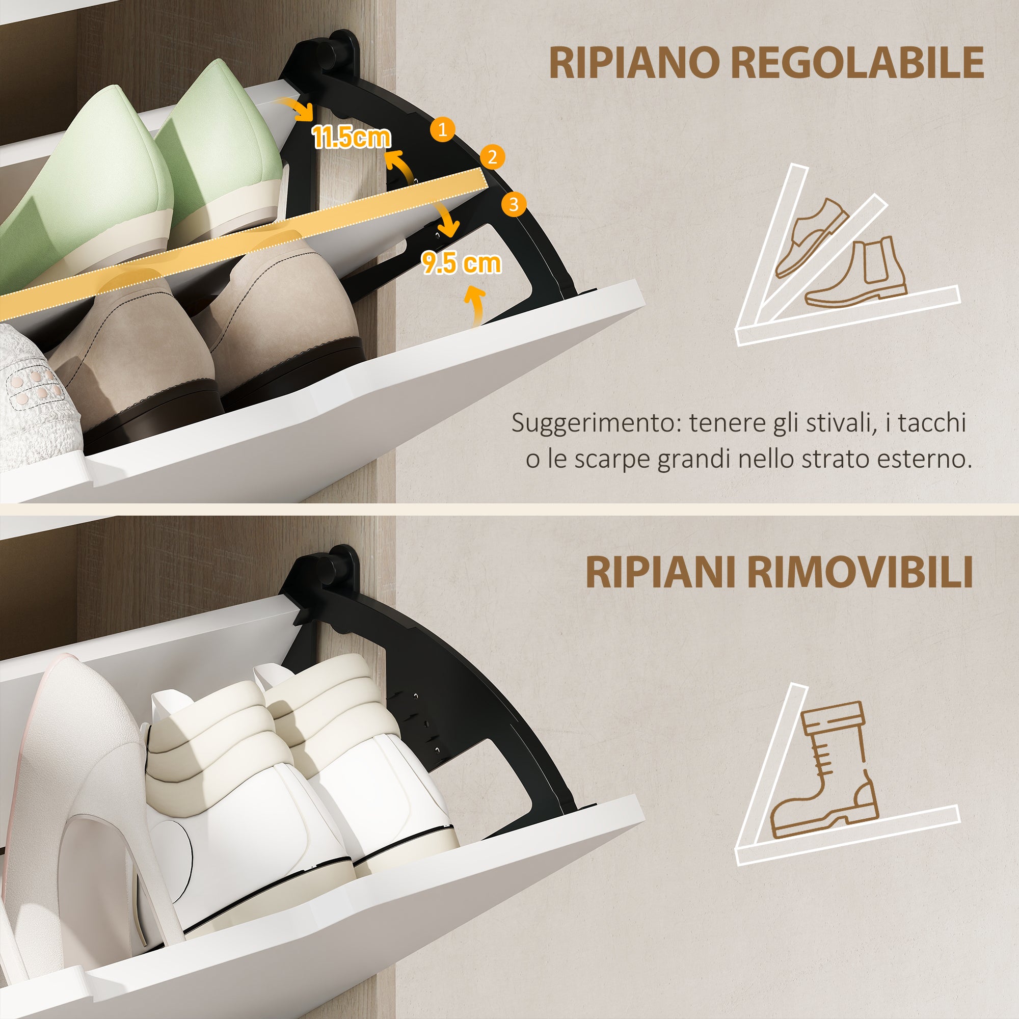 Scarpiera Salvaspazio Slim 62.5x26x156 cm a 4 Cassetti per 20 Paia di Scarpe color Legno e Bianco