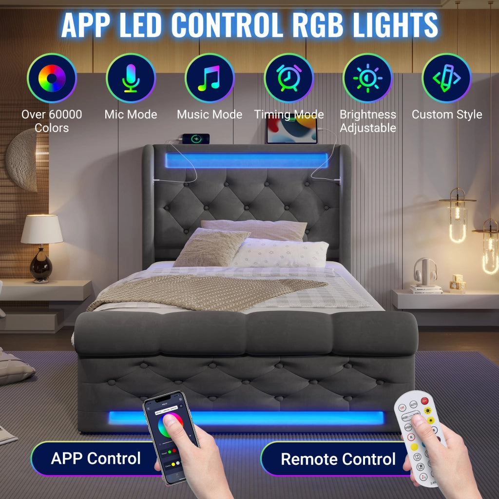 Letto imbottito singolo 90×200 cm con contenitore; LED; USB e Type-C; velluto; materasso incluso; grigio
