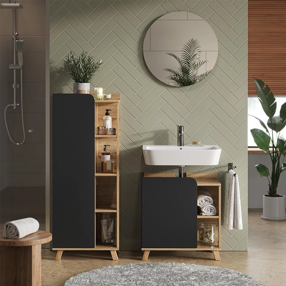 Set di mobili da bagno Karen, Sonoma/antracite, 60 cm, composto da mobile sottolavabo, specchiera e colonna alta