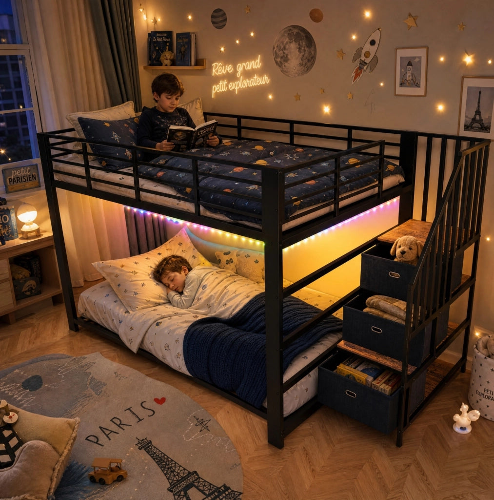Letto a castello 140 x 200 cm in MDF e metallo con scala reversibile; LED e prese USB; nero