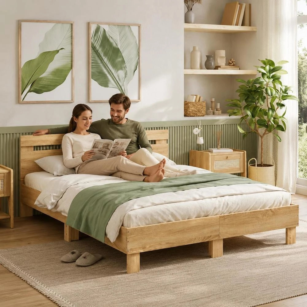Bed Frame With Headboard And LED Lighting, Sonoma Oak, 140x200cm