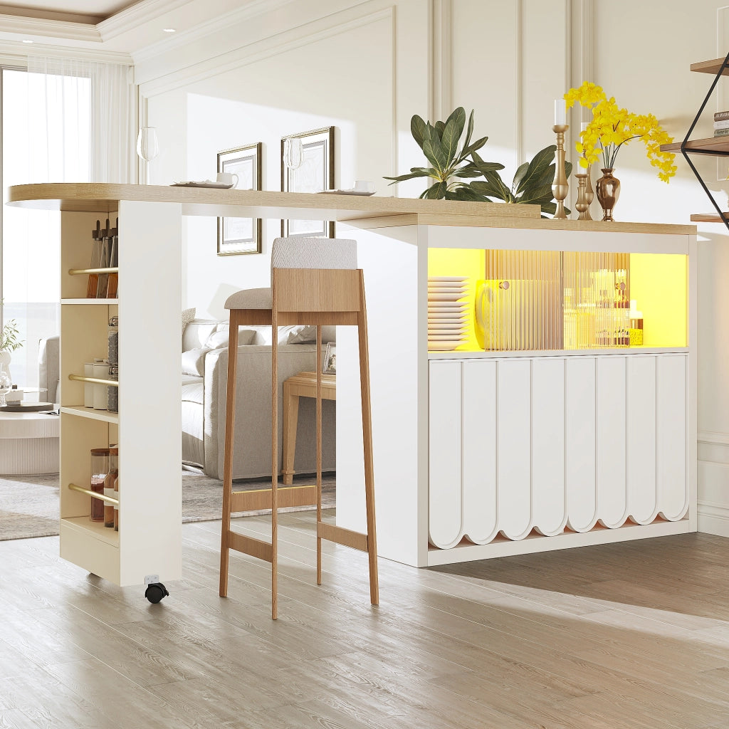TAVOLO BAR MOBILE 135-205x39x100 cm BIANCO MDF e VETRO LED