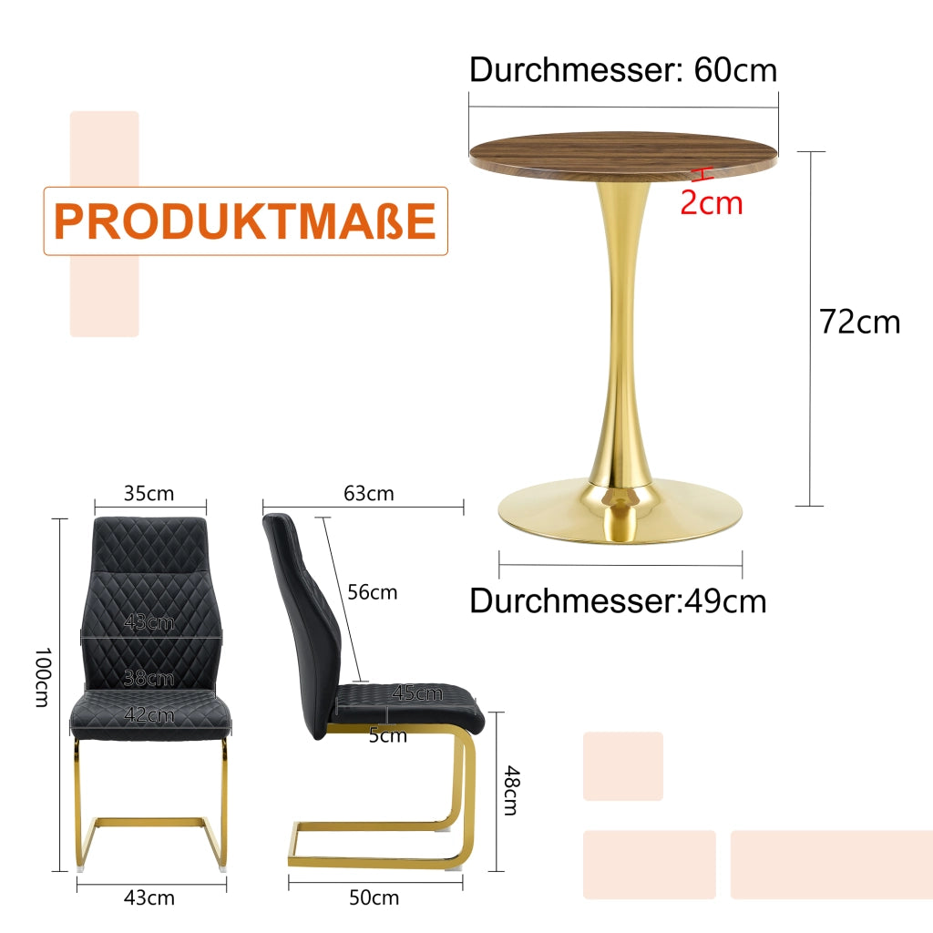 Tavolo da pranzo set per 2 persone con 2 sedie in pu e metallo piano rotondo in mdf effetto noce nero e oro