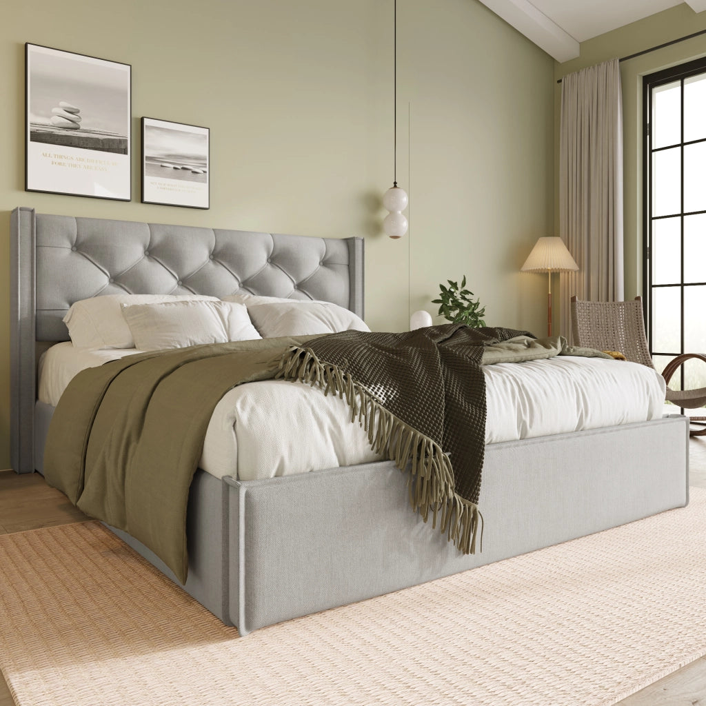 Letto matrimoniale imbottito 140x200 cm con rete a doghe in legno, contenitore sollevabile, grigio chiaro