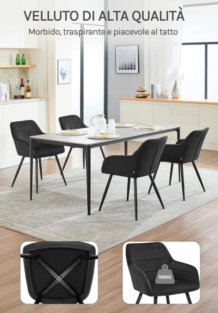 Sedia per Sala da Pranzo Imbottita, Poltroncina in Velluto,Sedia da Cucina con Braccioli e Schienale, Gambe in Metallo, moderne,Nero, BH93sz-1