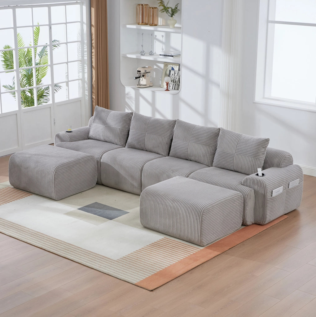 Divano modulare 4 posti in corduroy grigio chiaro con portabicchiere e tasca laterale 333x174x80 cm