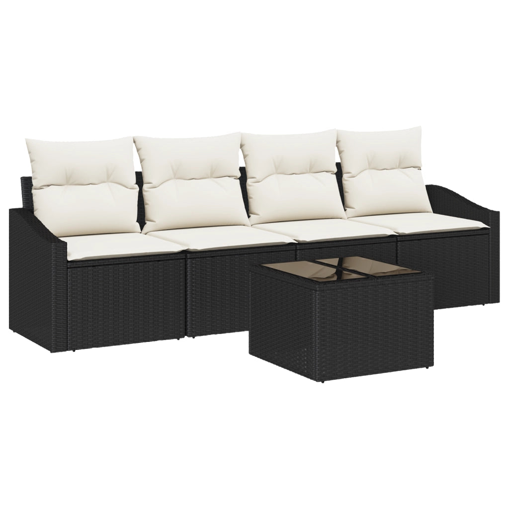 Set da Pranzo da Giardino a 5 pezzi con Cuscini Nero Polyrattan