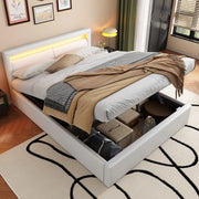 Letto imbottito 140x200 cm con contenitore; rete a doghe e luce LED bianca; bianco in PU