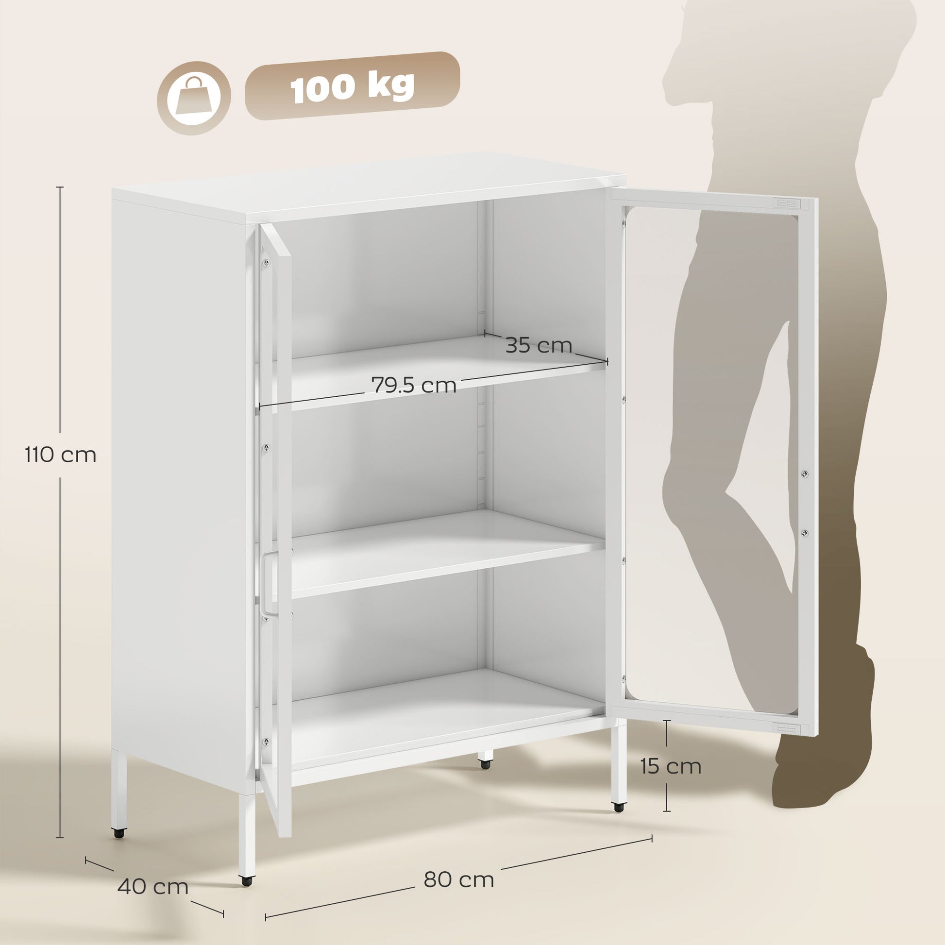 Mobile Portadocumenti 80x40x110 cm con 2 Ante in Vetro e Ripiani Regolabili in Acciaio Bianco