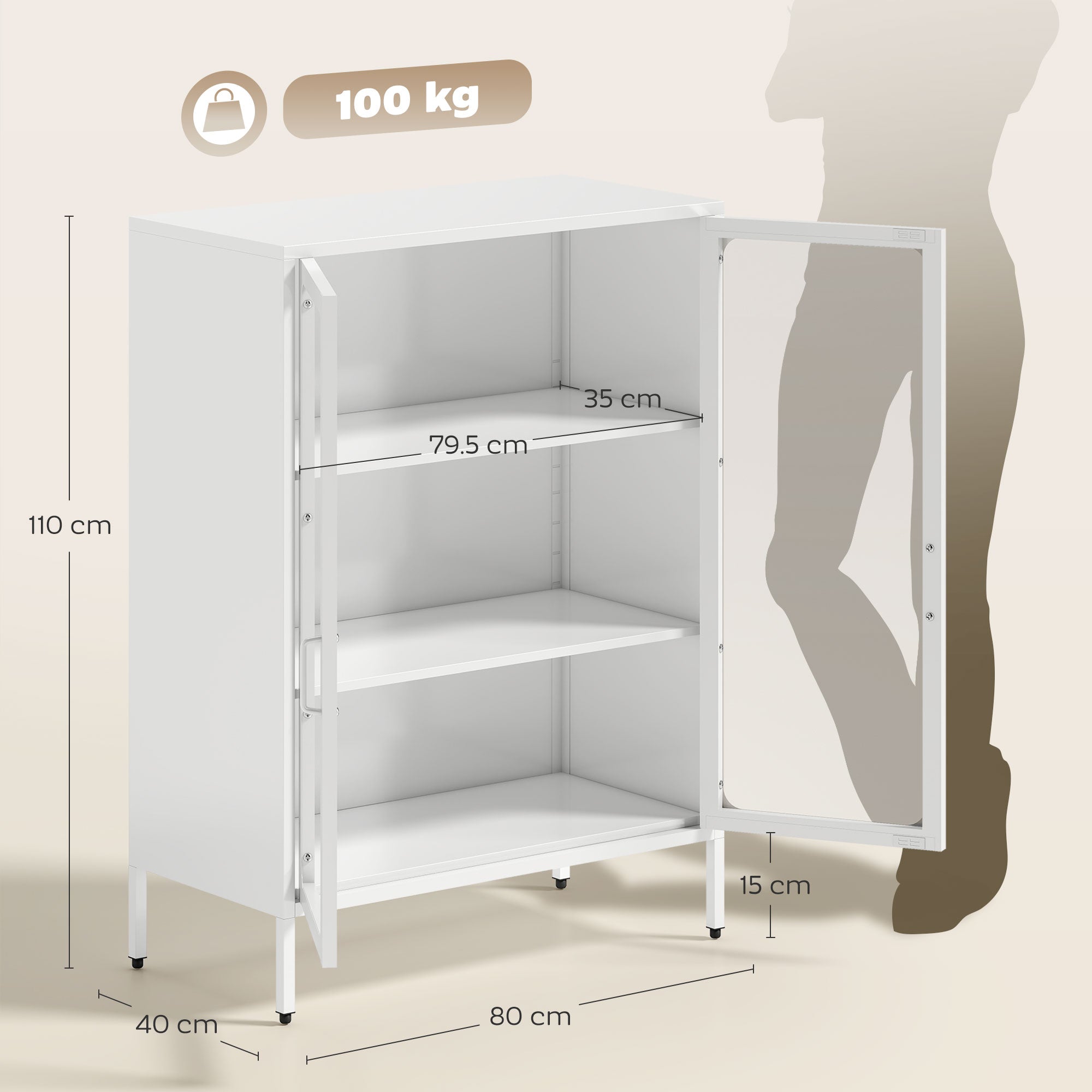 Mobile Portadocumenti 80x40x110 cm con 2 Ante in Vetro e Ripiani Regolabili in Acciaio Bianco