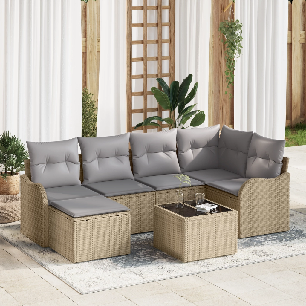 Set Divano da Giardino 7 Pezzi con Cuscini Rattan Poliestere Nero