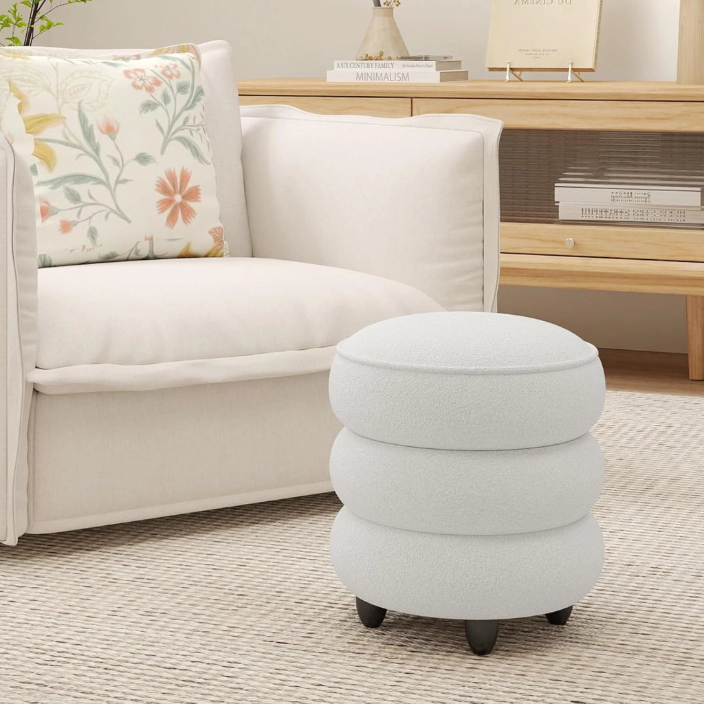 Pouf Contenitore Rotondo 20 L, Ottomano con Coperchio Rimovibile, Sgabello da Trucco con Gambe in Legno di Gomma, Portata 150 kg, per Camera da Letto e Salotto