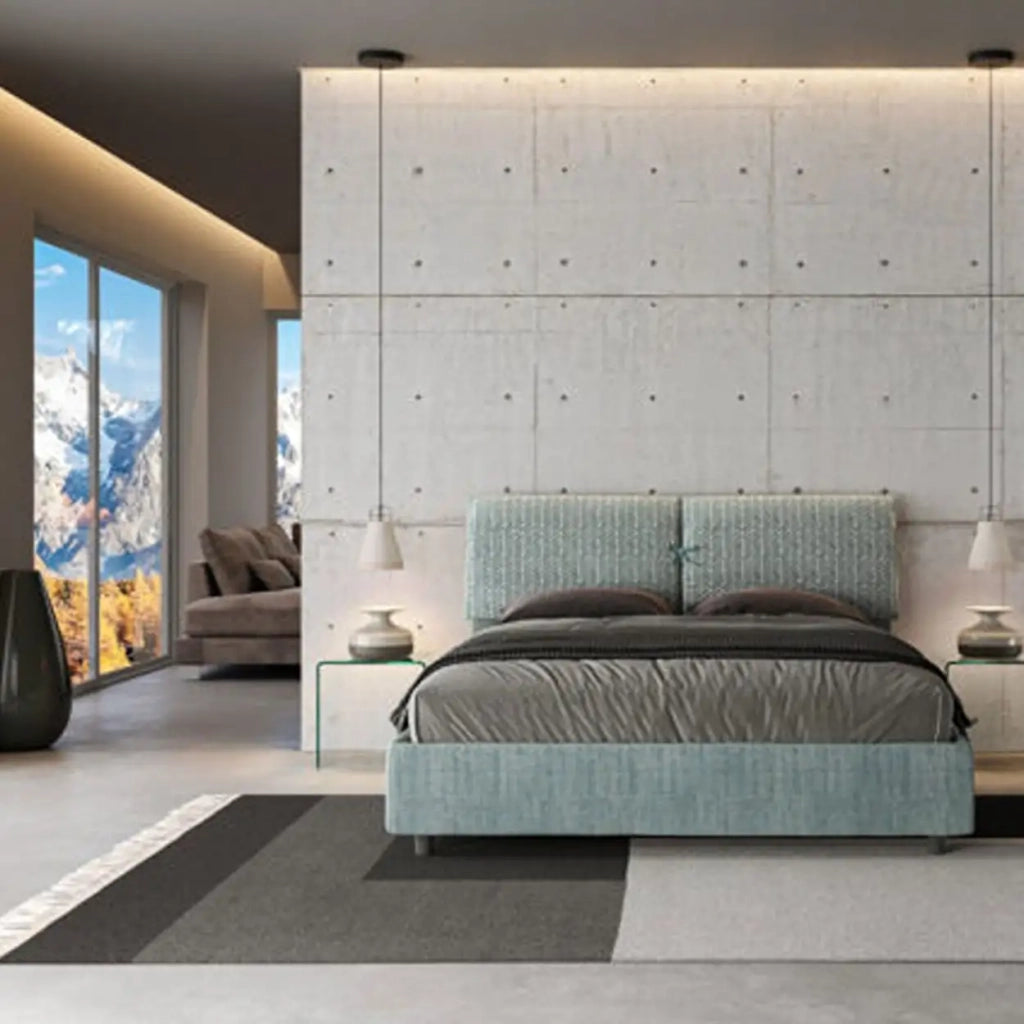 Letto matrimoniale con rete imbottito 160x200 tessuto Aragona 7 azzurro Mados